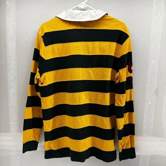 Tommy Hilfiger Yellow Green Striped Mens Large Rugby Polo #5 Shirt Long Sleeve - Picture 3 of 4